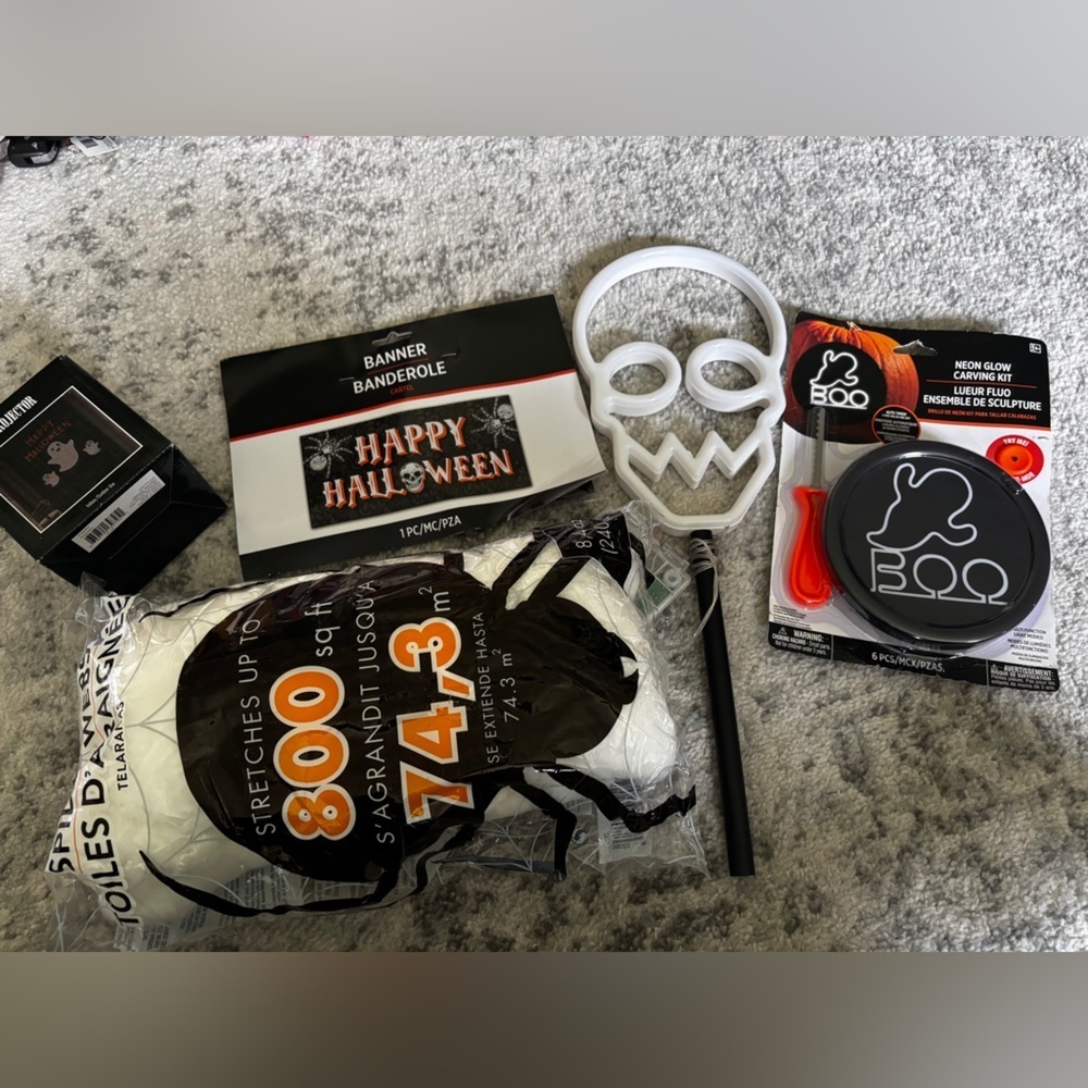 Halloween Decor Bundle Spider Webs, Projector, Banner, LED Sign, & Carving Kit